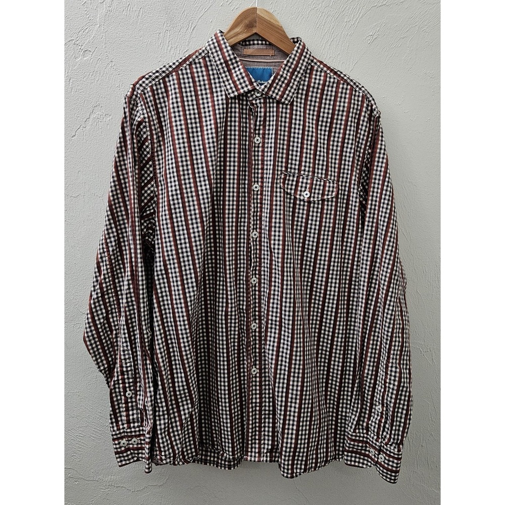 Tommy Bahama Men's Size XL Red Black White Brown Long Sleeve Button Checkered